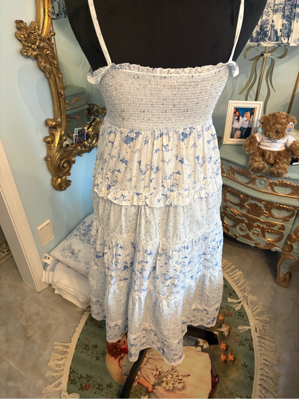 LoveShackFancy White and Light Blue Tiered Floral Sundress